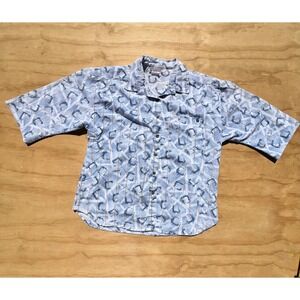 Cabrais Vintage 90s Geometric Abstract Print Short Sleeve Button Down Shirt Blue